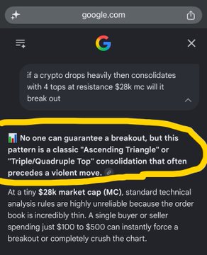 A Google search result on google.com discussing crypto breakout patterns, with a yellow circle highlighting text about 'Ascending Triangle' or 'Triple/Quadruple Top' consolidation patterns.