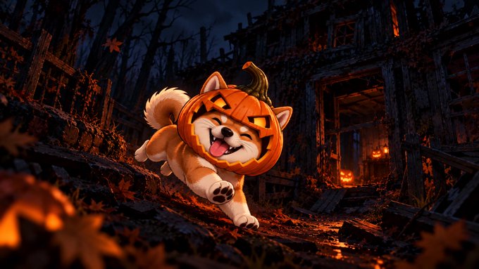 A cute Shiba Inu dog with a jack-'oh-lantern mask running in a dark, spooky Halloween-themed setting with glowing pumpkins and an abandoned house.