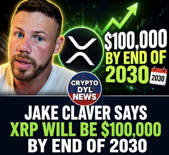 A YouTube thumbnail from "Crypto Dyl News" featuring a man alongside the XRP logo, with bold text claiming "JAKE CLAVER SAYS XRP WILL BE $100,000 BY END OF 2030," visually reinforcing the post's headline about Claver's bold price prediction for XRP by 2030.