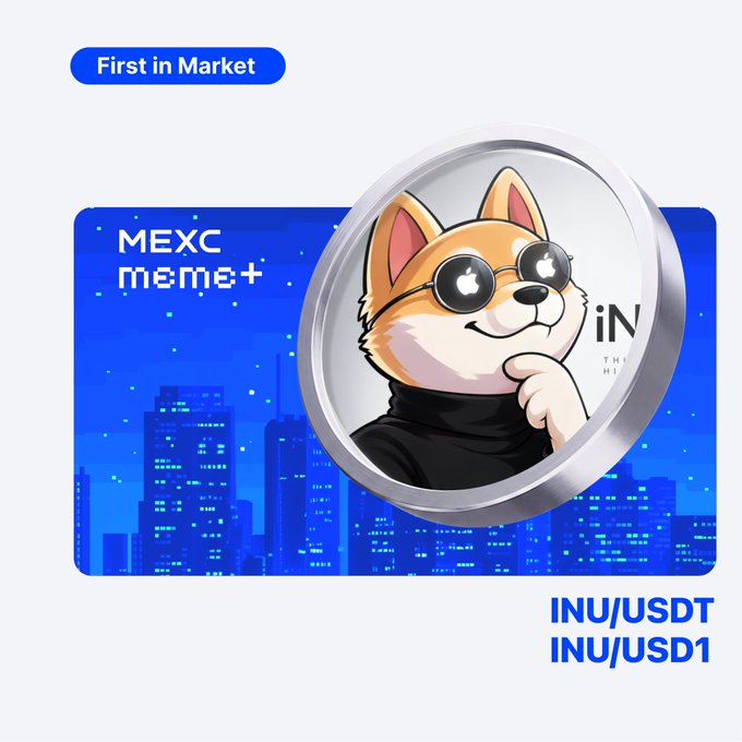A MEXC meme+ promotional graphic featuring a Shiba Inu dog character with sunglasses, labeled "First in Market" with trading pairs INU/USDT and INU/USD1.