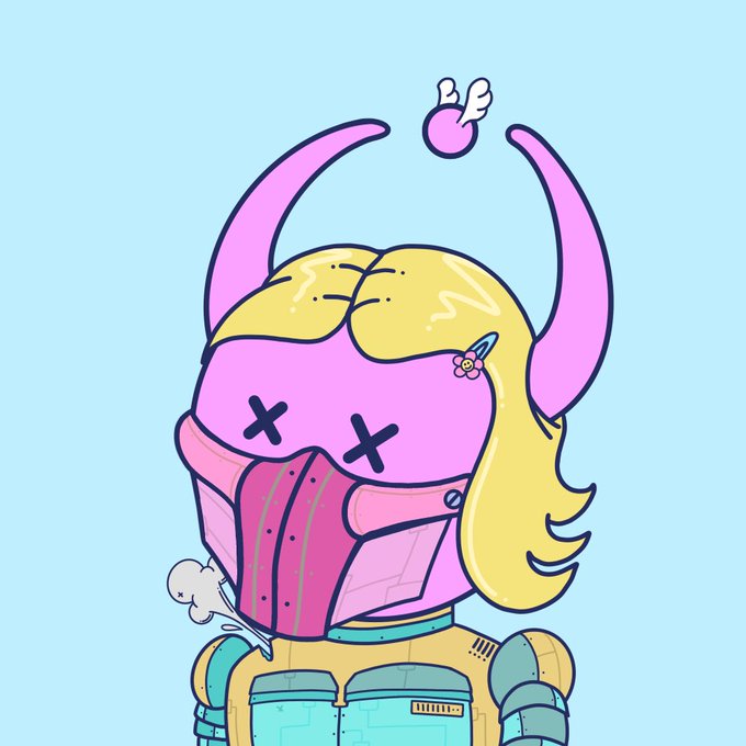 A cartoon illustration of a pink and yellow horned helmet or character head with X-shaped eyes and a small winged heart floating above it.