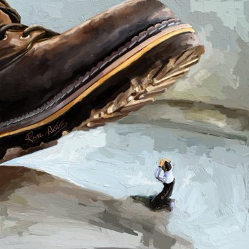 A surreal digital painting showing a tiny figure in a suit standing beneath a massive, oversized leather shoe in a desolate landscape.