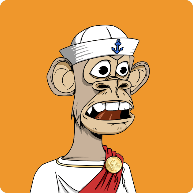 A cartoon Bored Ape-style NFT character wearing a white sailor hat with an anchor emblem and a red toga with a gold medallion on an orange background.