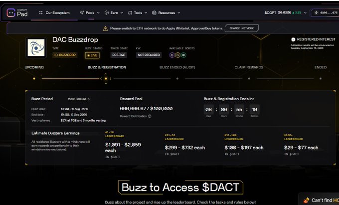 Screenshot of the Daom Pad interface showing a 'DAC Buzzdrop' event with a reward pool of 666,666.67 $DACT and a countdown timer.
