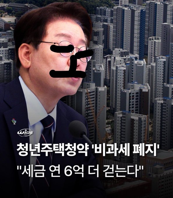A man in a suit and glasses is speaking at a microphone against a backdrop of high-rise apartment buildings, with his eyes censored. Korean text overlay reads "청년주턱청약 '비과세 폐지'" (Youth subscription savings tax exemption abolition) and "세금 연 6억 더 걷는다" (Collects an additional 600 million won in taxes per year), criticizing a government policy to remove tax exemptions on youth housing subscription savings.

The image satirically illustrates the post's complaint about government tax policies—mocking the irony that the government abolishes tax exemptions (collecting more taxes) just to later redistribute those funds back to the public, with the censored eyes and exaggerated expression conveying frustration at the absurd policy.