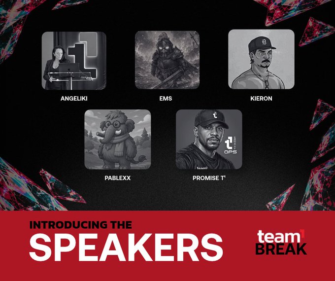 A promotional graphic for 'Team Break' introducing five speakers: Angeliki, EMS, Kieron, Pablexx, and Promise T', displayed with colorful shattered frame borders.