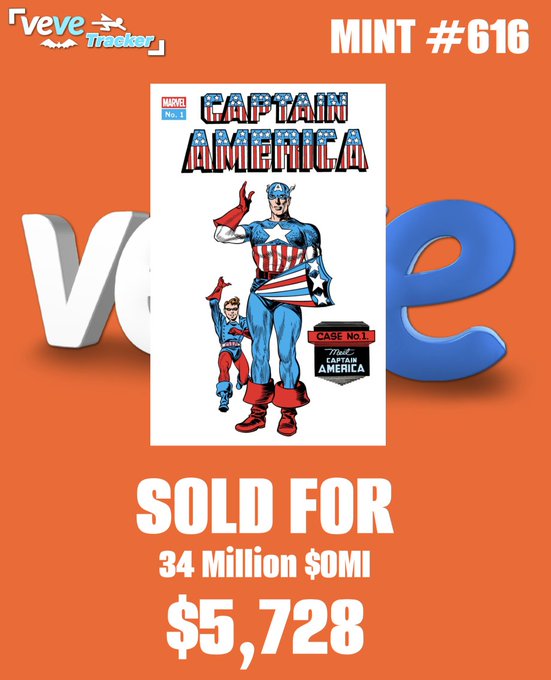 A promotional graphic for VeveTracker announcing that 'CAPTAIN AMERICA' Mint #616 'SOLD FOR 34 Million $OMI / $5,728' over a bright orange background.