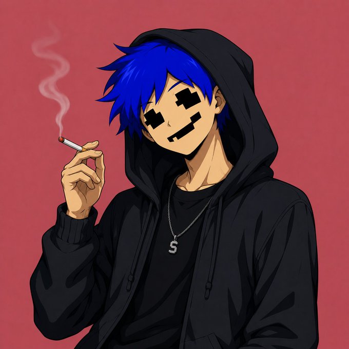 An anime-style character with blue hair, wearing a black hoodie and a pixelated face mask, holds a smoking cigarette. He sports a silver chain with an "S" pendant, set against a red background—fitting the cool, edgy aesthetic of a morning NFT update teasing "good news" for the community.

**Notable detail:** The pendant bears the letter **"S"**, and the mask displays what appear to be **pixelated emoticon-like symbols** (☐ for eyes and ✕ for a mouth), rather than readable text.
