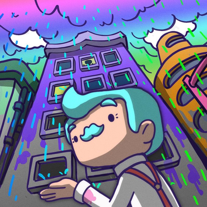 A colorful cartoon-style illustration of a character with teal hair and a mustache holding a phone in the rain, with stylized buildings and a vibrant sky in the background.