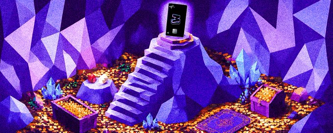 A pixel-art illustration depicts a glowing card on a stepped altar surrounded by gold coins, treasure chests, and crystals inside a purple cave. The scene visually ties to the post promoting 6 GTD (guaranteed) spots in a giveaway by @mavericksdao_1, suggesting winners will claim their guaranteed prizes from this mystical treasure vault.