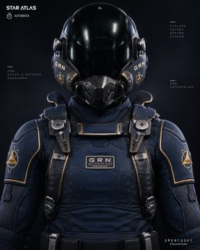 Promotional artwork for the video game Star Atlas showing a futuristic space helmet and armor with 'GRN' patches on the chest and helmet.