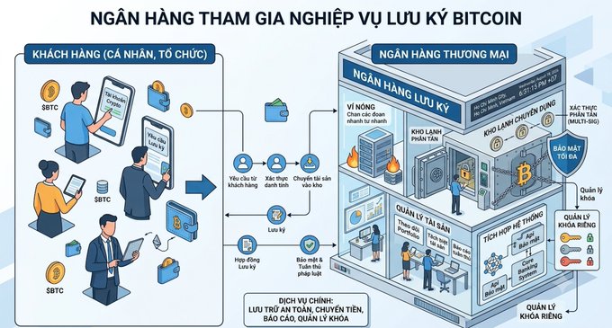 An infographic titled in Vietnamese 'NGÂN HÀNG THAM GIA NGHIỆP VỤ LƯU KÝ BITCOIN' illustrating the process of a commercial bank participating in Bitcoin custody services, depicting customers transferring SBTC to a 'Ngân hàng Lưu ký' (Custodian Bank).