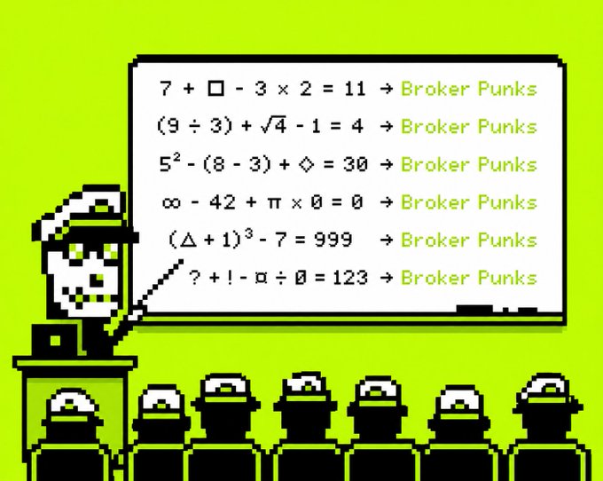 A pixel art image with a green background showing a skeleton character at a chalkboard teaching math equations (with symbols like □, √4, π, ∞) to students, with 'Broker Punks' text after each equation.