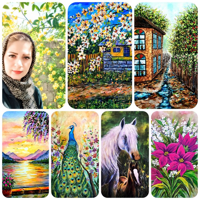 A woman wearing a patterned headscarf poses beside a collage of seven colorful nature and wildlife artworks—including blooming flowers, a stone house, a sunset lake, a peacock, a white horse, and pink lilies—shared as a morning greeting from the artist Manely on objkt.com.