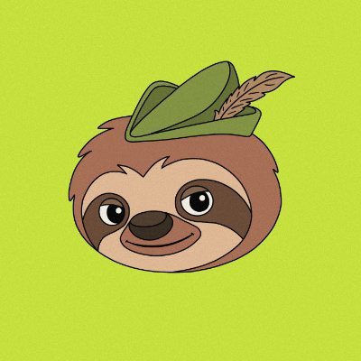 A cartoon sloth wearing a green Robin Hood-style hat with a feather on a green textured background.