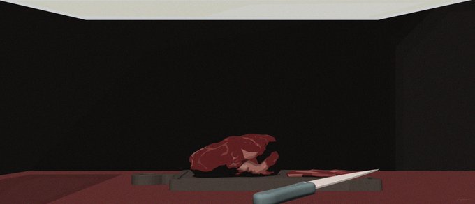 A minimalist 3D-rendered scene shows a dark, minimalist room with a piece of raw red meat resting on a cutting board, accompanied by a knife, against a stark black background.