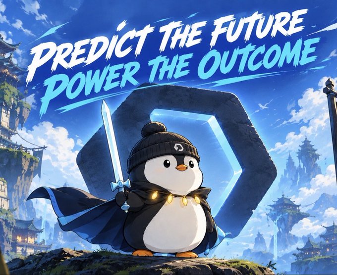 A promotional image featuring a cartoon penguin warrior wearing a beanie, gold chain, and cape, holding a sword in front of a portal, with the text 'PREDICT THE FUTURE POWER THE OUTCOME'.