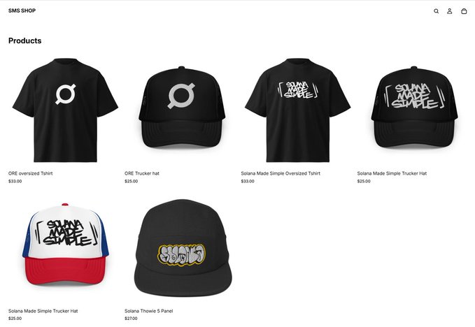 An SMS SHOP product page displaying Solana Made merchandise including 'ONE' logo items and 'Solana Made Simple' t-shirts and trucker hats priced between $25-$33.