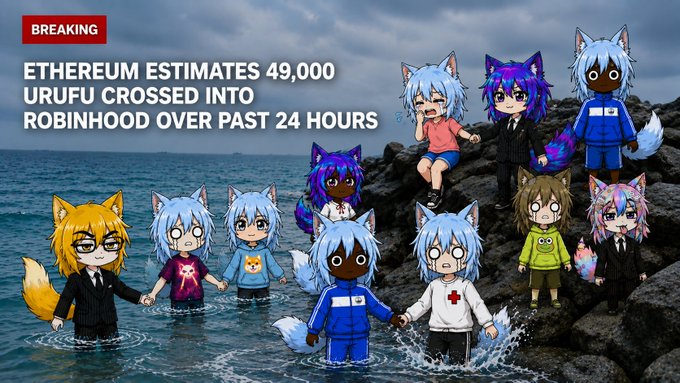 A "BREAKING" news-style graphic with the headline "ETHEREUM ESTIMATES 49,000 URUFU CROSSED INTO ROBINHOOD OVER PAST 24 HOURS" is overlaid on a scene of multiple anime-style wolf characters (Urufu) standing in water on rocky terrain, visually representing the massive influx of Urufu NFTs crossing into Robinhood mentioned in the accompanying post about Wolf Game.