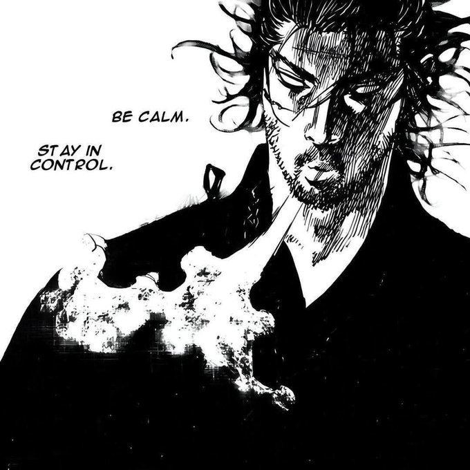 A black-and-white manga-style illustration depicts a serious, bearded man with long hair, telling himself to "BE CALM" and "STAY IN CONTROL" as smoke or energy swirls in front of him. The image's message of composure and focus aligns with the post's theme of starting the week with determination and intentional growth alongside Perx Trade, Nomisma Network, and Quip Network.