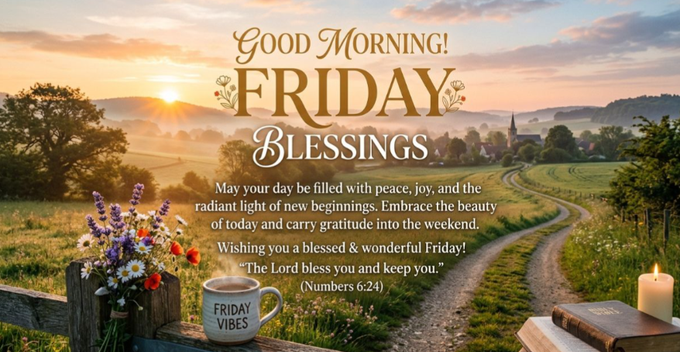 A Good Morning Friday Blessings image showing a sunrise landscape with a Bible verse (Numbers 6:24) and a coffee mug labeled 'FRIDAY VIBES'.