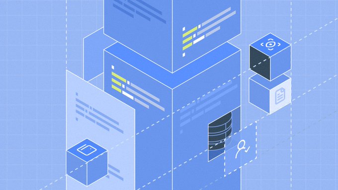 An isometric blue-toned digital illustration depicting stylized server blocks, data cubes with refresh and document icons, and abstract data visualization elements arranged on a grid background.