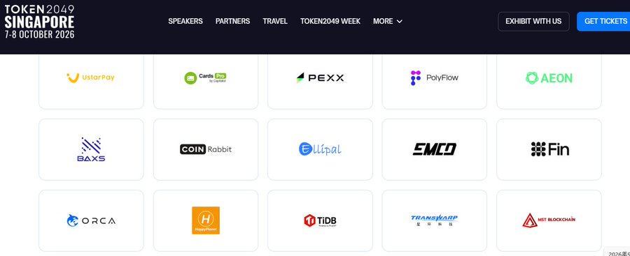 Website header for TOKEN2049 Singapore (7-8 October 2026) displaying partner logos including UstarPay, CardsCrypto, PEXX, PolyFlow, AEON, BAXS, CoinRabbit, Ellipal, EMCQ, Fin, ORCA, HourFlow, TiDB, Transwarp, and M2T Blockchain.