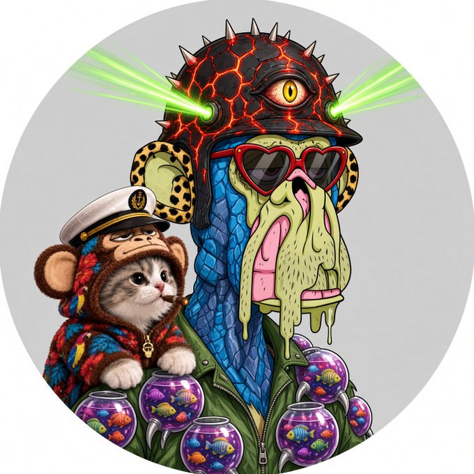 A surreal illustration featuring a small kitten in a sailor hat and colorful hoodie next to a grotesque creature with a spiked helmet shooting green laser beams, wearing heart-shaped sunglasses, with several small fishbowls attached to its green jacket.