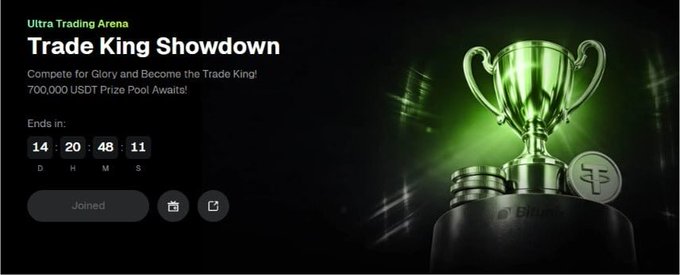 A promotional banner for the "Ultra Trading Arena: Trade King Showdown" on Bitunix, featuring a green trophy and coins, highlighting a 700,000 USDT prize pool with a countdown timer of 14 days, 20 hours, 48 minutes, and 11 seconds remaining, and a "Joined" status button—aligning with the post's call to join the VIP trading challenge via the provided referral link.