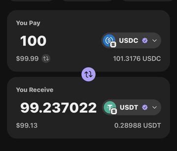 A cryptocurrency swap interface showing 'You Pay 100 USDC' and 'You Receive 99.237022 USDT' on a dark background.