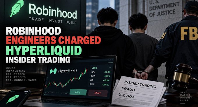 A news-style graphic about Robinhood engineers being charged with insider trading related to Hyperliquid, showing the Robinhood logo, a Hyperliquid trading chart, and FBI agents with a U.S. DOJ document labeled 'INSIDER TRADING FRAUD'.