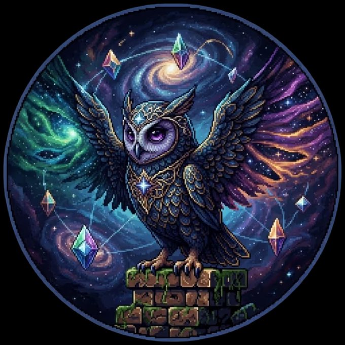 Circular illustration of a majestic owl with outstretched wings perched on a brick structure, surrounded by a cosmic galaxy and floating crystals.