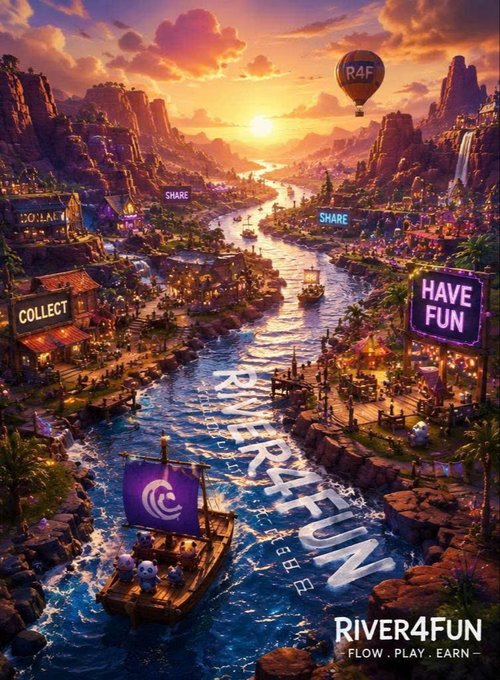 A vibrant sunset scene depicts a bustling river town with a pirate ship displaying the "R4F" banner, surrounded by glowing signs reading "HAVE FUN," "COLLECT," and "SHARE," with the branding "RIVER4FUN — FLOW.PLAY.EARN" and a hot air balloon marked "R4F."

The image serves as a promotional fantasy landscape for the "River4Fun" ecosystem, visually tying into the post about RiverdotInc's stablecoin satUSD and chain-abstraction developments by portraying a playful, adventure-driven theme—though no specific figures, tickers, or TVL numbers from the post (like the $252M TVL or Season 6 date) appear in the artwork itself.