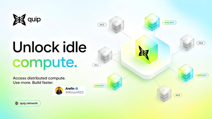 The image features an advertisement for Quip, which promotes the idea of using idle computing resources to create more efficient networks. The background of the image is white with blue and green elements, creating a visually appealing contrast that draws attention to the message being conveyed by the advertisement. The text in the image reads "Unlock idle compute. Access distributed computer. Use more build faster. @quipnetwork is focused on unlocking those idle resources and making them available through a distributed network that anyone can tap into". This highlights how Quip's platform enables users to tap into unused computing power, creating a more efficient and effective way of utilizing idle resources in the cloud.