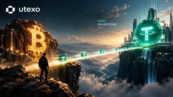 A dramatic landscape shows a glowing Bitcoin "B" symbol carved into a rocky cliff on the left, connected by a luminous bridge of USDT coin icons to a futuristic city crowned with a giant Tether (USDT) emblem on the right, with the text "USDT ON BITCOIN" hovering in the sky. The "utexo" logo appears in the top-left corner. The image visually represents Utexo's mission of bridging Bitcoin's robust settlement layer with USDT stablecoin utility—symbolizing the connection the post highlights between Bitcoin's settlement narrative and stablecoin payment activity.