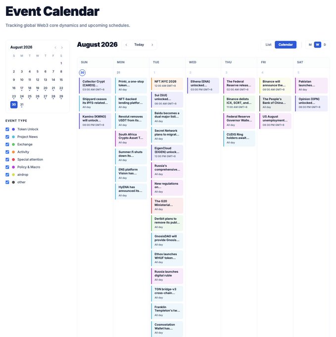 An Event Calendar interface for August 2026 tracking global Web3 core dynamics, showing various cryptocurrency events including token unlocks, exchange news, and activity items color-coded by event type.
