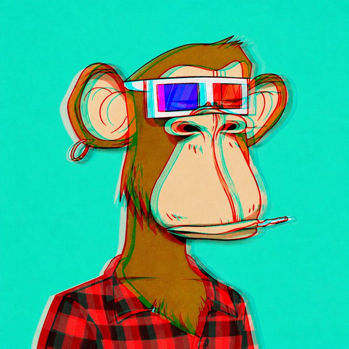 A stylized digital illustration of a monkey wearing red and cyan 3D anaglyph glasses and a red plaid shirt, set against a solid turquoise background.