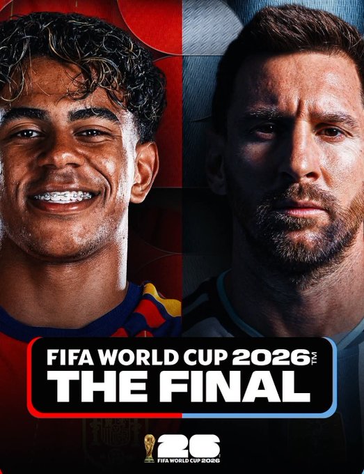 A promotional graphic for the FIFA World Cup 2026 Final featuring split images of Lamine Yamal (Spain) in a red jersey and Lionel Messi (Argentina) in a black jersey, with text reading 'FIFA WORLD CUP 2026 THE FINAL' and '25'.