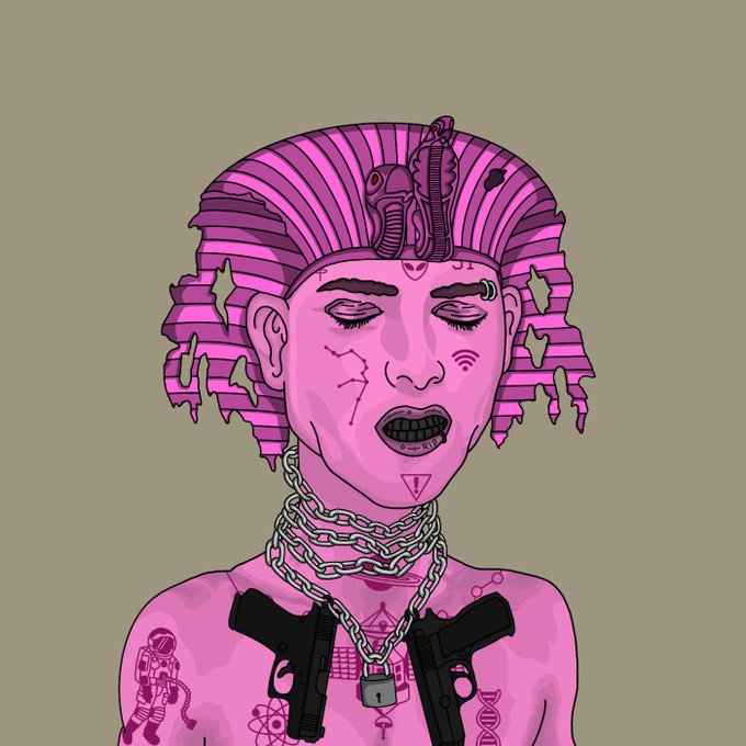 A stylized digital illustration depicts a pink-skinned character with a fractured Greek-helmet hairstyle, facial tattoos, and heavy chains around their neck.