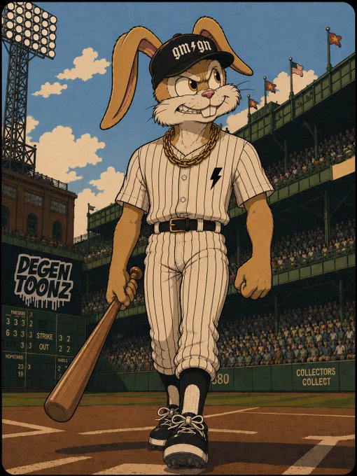 A cartoon rabbit wearing a pinstripe baseball uniform and 'gm gn' cap, holding a bat in a stadium setting with 'DEGEN TOONZ' branding and a baseball scoreboard.