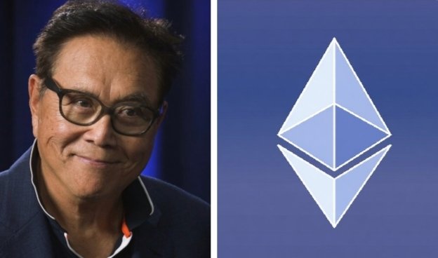 In the image, a man wearing glasses and a blue shirt is smiling in front of a blue banner that reads "ETHEREUM" with a white triangle symbol next to him. In addition, there's another image where the same man is standing on top of a gray floor. The backdrop of this scene appears to be a dark blue curtain with an open window. This composition includes text and logos related to Bitcoin and Ethereum, possibly discussing the potential worth or relevance of these digital currencies in today's world.