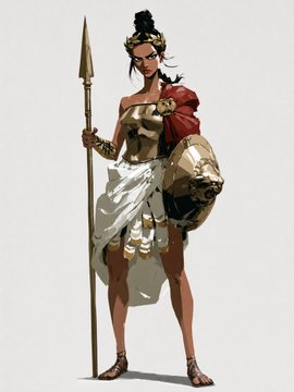 A warrior goddess stands confidently holding a spear and shield, clad in golden armor with a red cape draped over one shoulder, evoking the divine theme of the post celebrating "2 new gods unlocked."