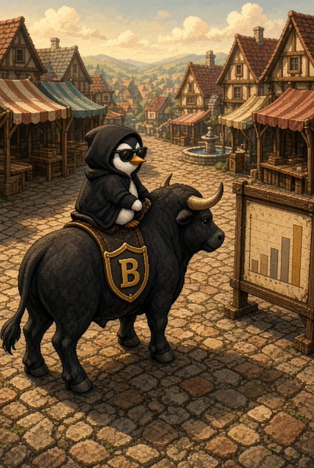 An illustration shows a penguin wearing sunglasses and a black hoodie with a gold 'B' shield riding on the back of a large black bull through a medieval-style cobblestone marketplace.