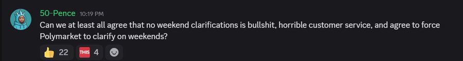 A Discord message from user "50-Pence" at 10:19 PM reads, "Can we at least all agree that no weekend clarifications is bullshit, horrible customer service, and agree to force Polymarket to clarify on weekends?" The post received 22 thumbs-up reactions, 4 "THIS" reactions, and a smiley emoji, showing community agreement with the sentiment that Polymarket's lack of weekend support is poor customer service.