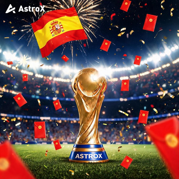AstroX celebrates a World Cup victory with a Spanish flag, trophy, and falling red envelopes. The image relates to the post by advertising a USDT Red Packet promotion for the brand AstroX.