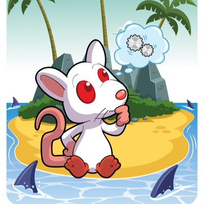 The image features a cartoon mouse sitting on a beach, with two sharks swimming nearby. The mouse has red eyes and is holding a thought bubble above its head. In the background, there are palm trees and rocks, creating an island setting. The caption of the image reads "Thank you @garyvee for this Reliable Rat @veefriends NFT #NewProfilePic".