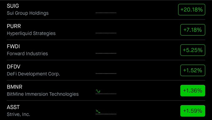 A financial dashboard displays six crypto-treasury companies with positive price changes, led by SUIG (Sui Group Holdings) at +20.18% and PURR (Hyperliquid Strategies) at +7.18%, followed by FWDI (+5.25%), DFDV (+1.52%), BMNR (+1.36%), and ASST (+1.59%), illustrating the upward momentum in crypto treasury stocks mentioned in the post.