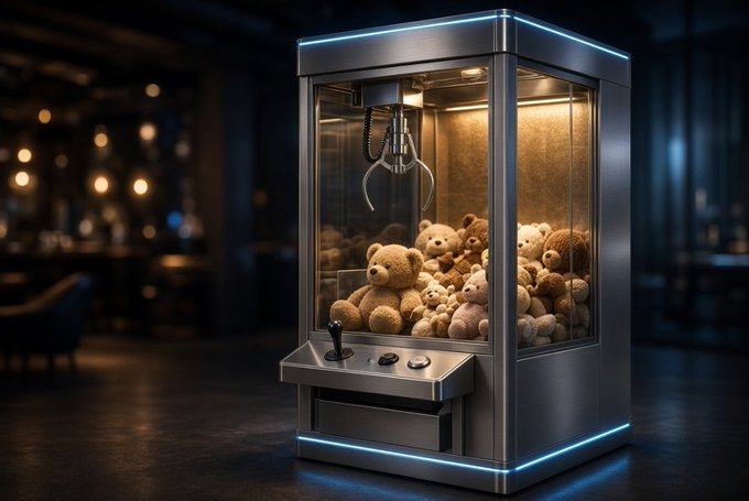 A 3D-rendered claw machine filled with teddy bears, illuminated with blue neon lights in a dimly lit room.