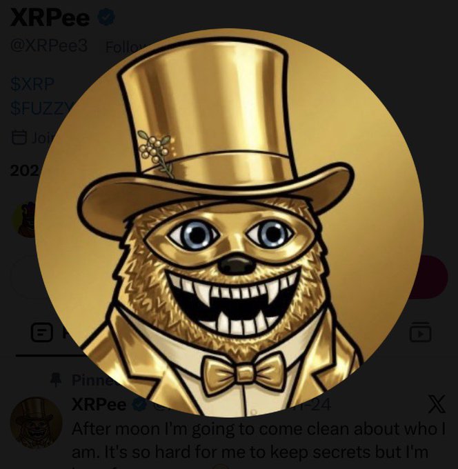 The image shows a Twitter/X post from verified account @XRPee3 (display name "XRPee") featuring a cartoon golden bear mascot dressed in a top hat and bow tie, with visible tags "#XRP" and "#FUZZY" and a partially shown caption reading "After moon I'm going to come clean about who I am. It's so hard for me to keep secrets but I'm..."—aligning with the accompanying conspiracy-laden post about cryptic dates, Gematria numerology (377, 311, 9/11), and references to XRPee as an enigmatic crypto figure.