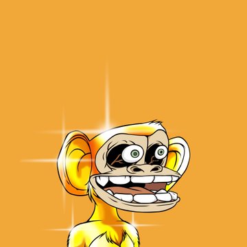 A cartoon illustration of a yellow monkey with a wide, toothy grin and large green eyes set against a solid orange background with sparkle effects.